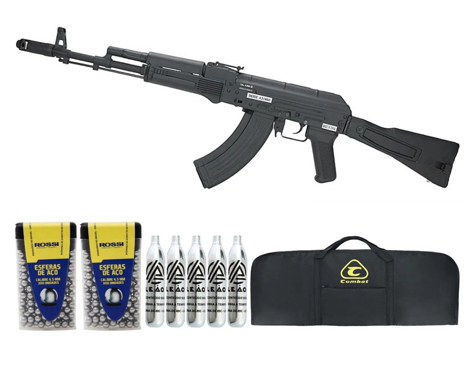Rifle de Pressão a Gás CO2 AK 101 Kalashnikov Full Metal 4.5mm - Cybergun + Co2 + BBS + Capa