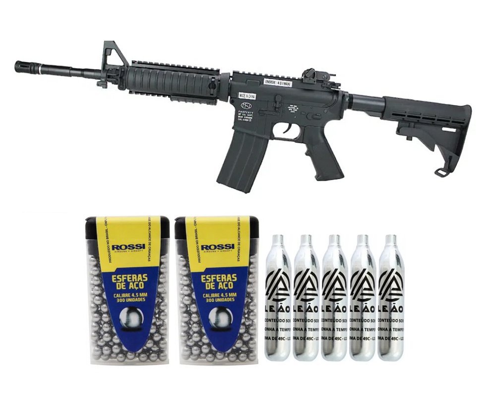 Rifle de Pressão a Gás CO2 FN Herstal M4A1 RIS Full Metal 4.5mm - Cybergun + Co2 + BBS