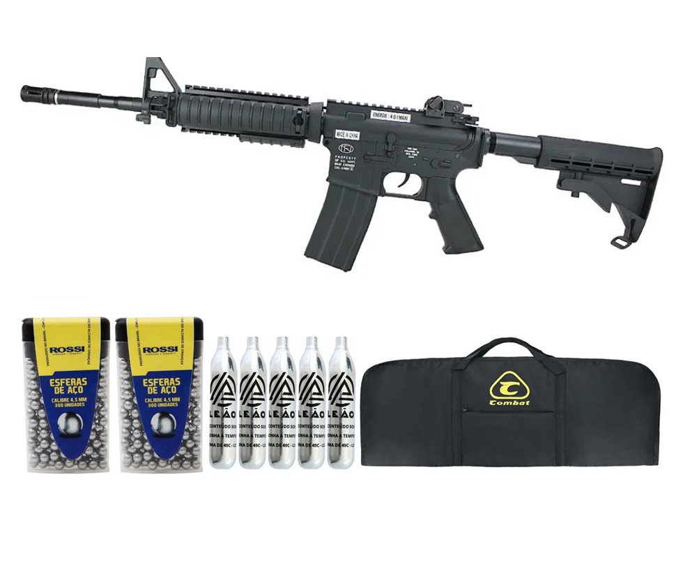 Rifle de Pressão a Gás CO2 FN Herstal M4A1 RIS Full Metal 4.5mm - Cybergun + Co2 + BBS + Capa