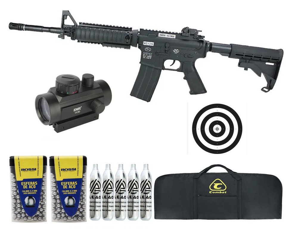 Rifle de Pressão a Gás CO2 FN Herstal M4A1 RIS Full Metal 4.5mm - Cybergun + Co2 + BBS + Capa + Alvos + Red Dot