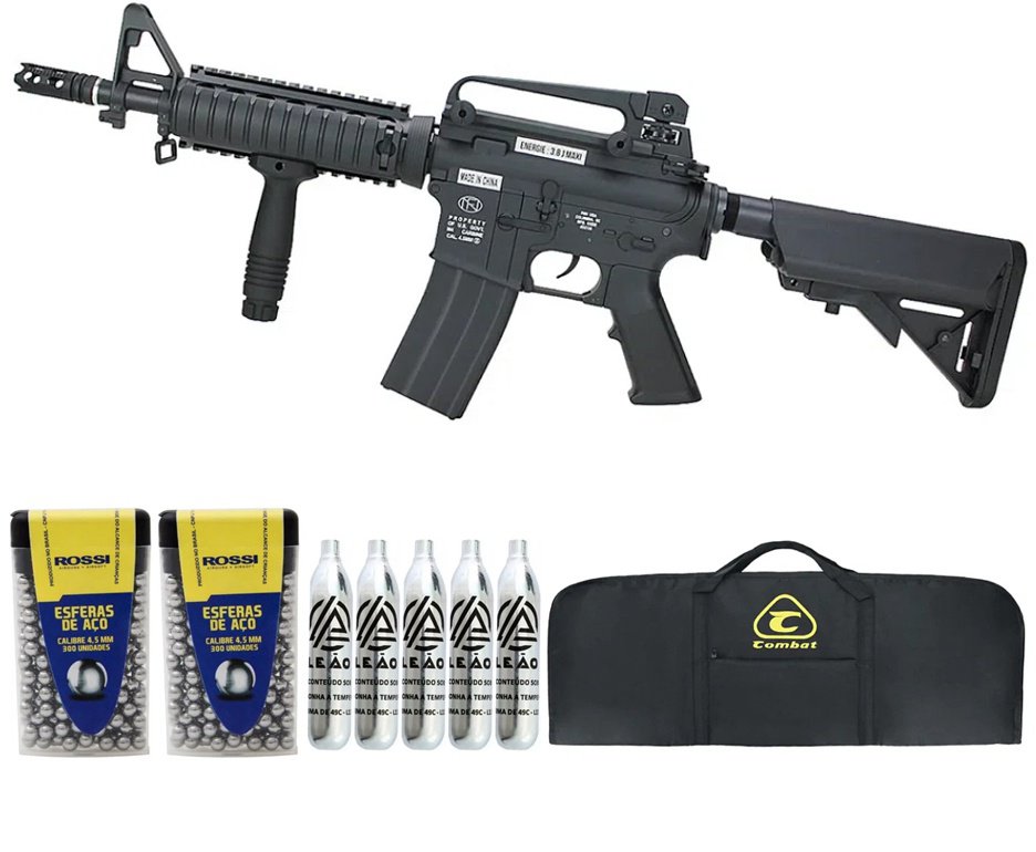 Rifle de Pressão Gás CO2 FN Herstal M4 RIS Full Metal 4.5mm - Cybergun + Co2 + BBS + Capa