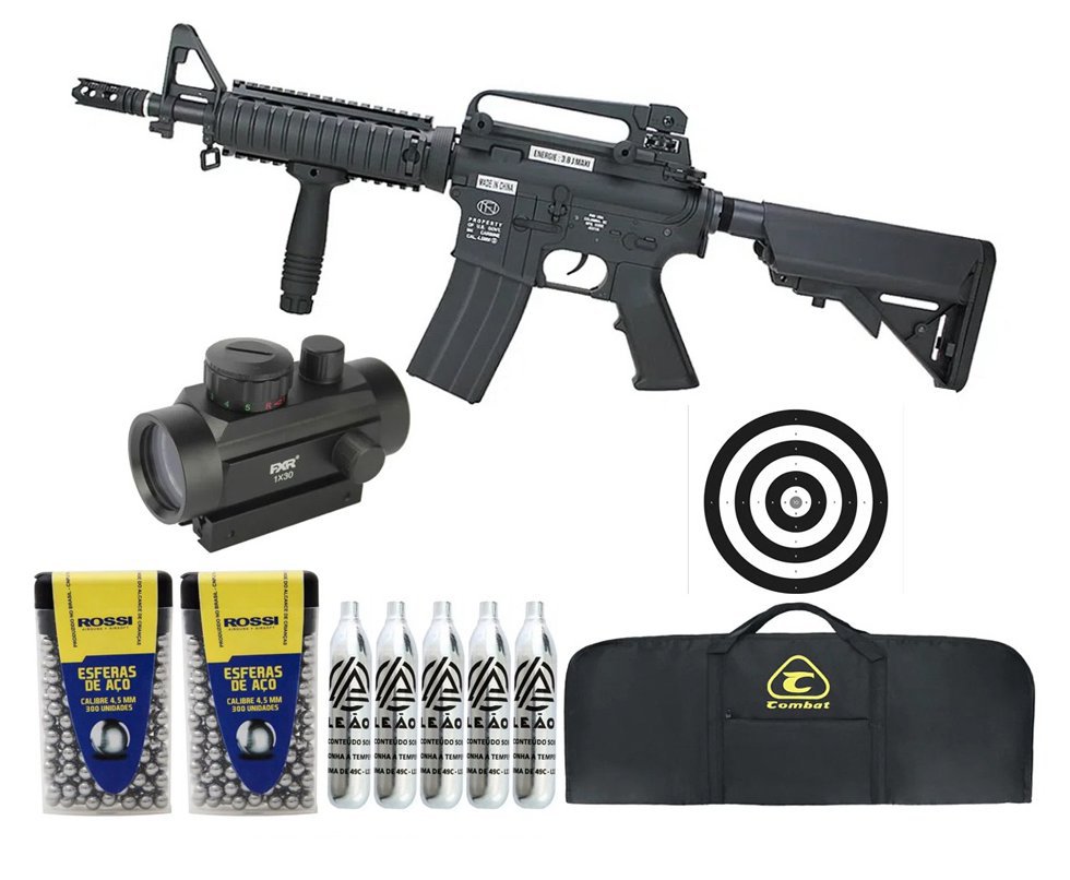 Rifle de Pressão Gás CO2 FN Herstal M4 RIS Full Metal 4.5mm - Cybergun + Co2 + BBS + Capa + Alvos + Red Dot