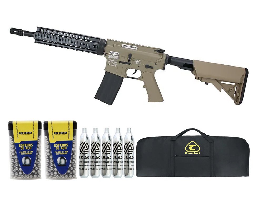 Rifle de Pressão CO2 FN Herstal M4 RIS SA Full Metal 4.5mm TAN - Cybergun + Co2 + BBS + Capa