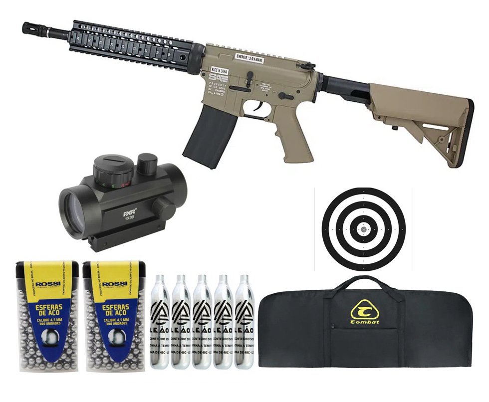 Rifle de Pressão CO2 FN Herstal M4 RIS SA Full Metal 4.5mm TAN - Cybergun + Co2 + BBS + Capa + Alvos + Red Dot