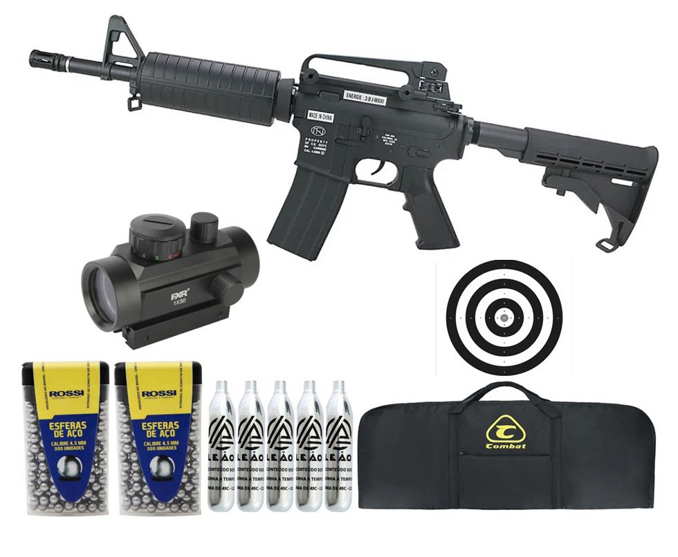 Rifle de Pressão CO2 FN Herstal M4-05 Full Metal 4.5mm - Cybergun + Co2 + BBS + Capa + Alvos + Red Dot