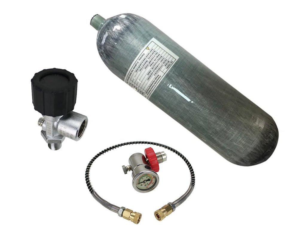 Cilindro Scuba PCP 300 Bar 1,3 L de Fibra de Carbono + Estação de Recarga DIN