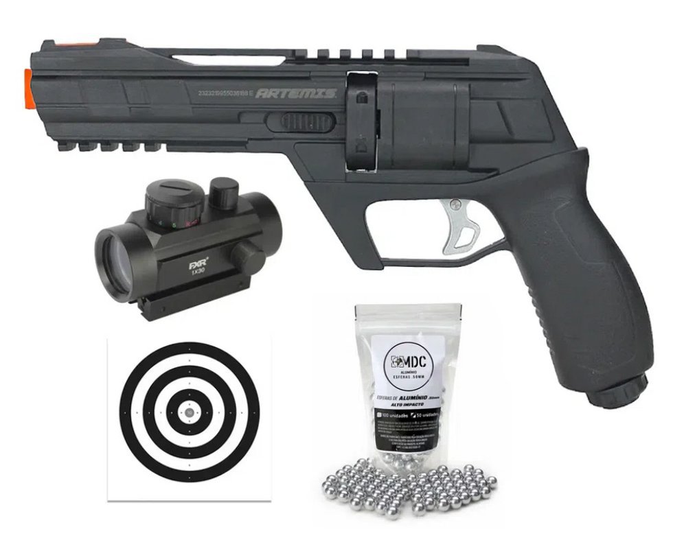 Revólver de Pressão HDR CO2 CP300 Defender .50 - Artemis + Red Dot 1x30 + Alvos + BBS