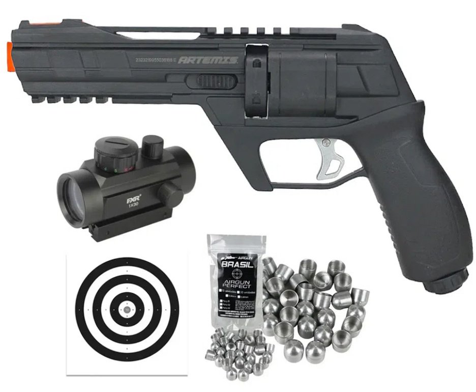 Revólver de Pressão HDR CO2 CP300 Defender .50 - Artemis + Red Dot 1x30 + Alvos + Munição Slug First Strike