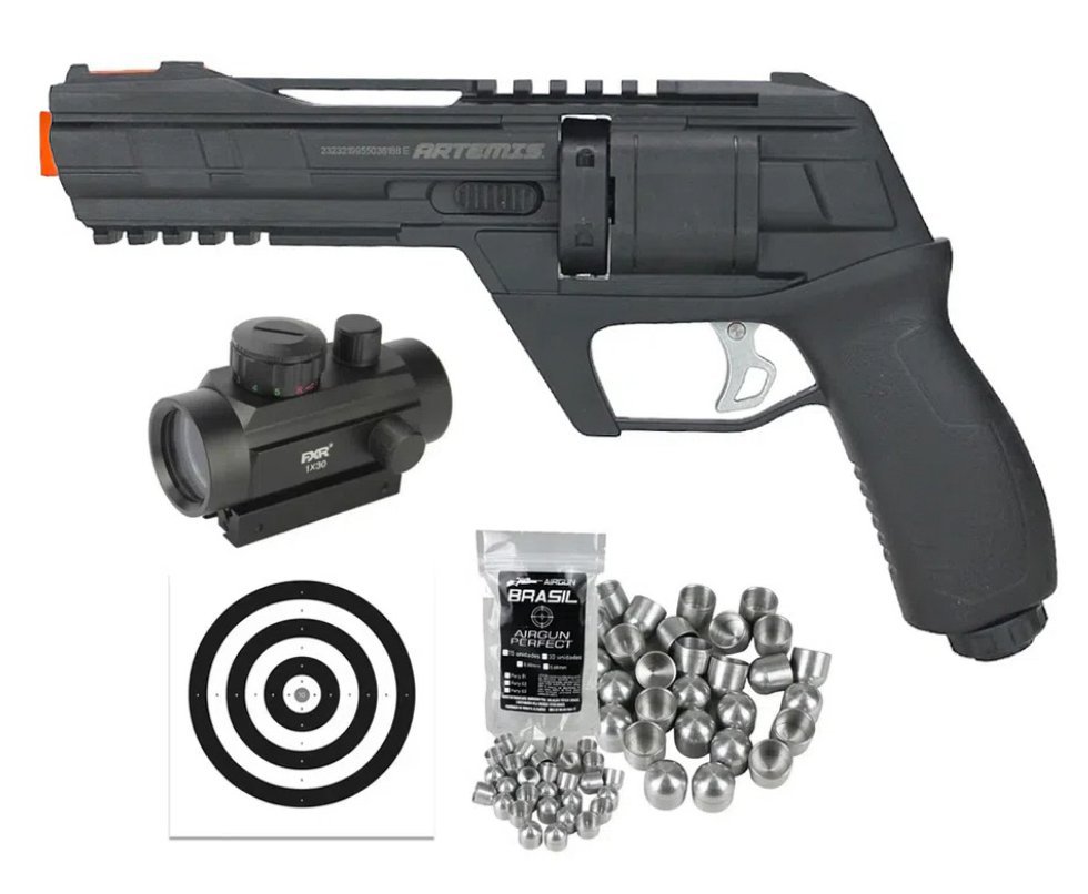 Revólver de Pressão HDR CO2 CP300 Defender .50 - Artemis + Red Dot 1x30 + Alvos + Munição Slug First Strike