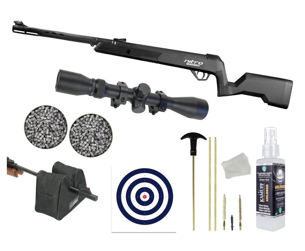 Carabina de Pressão CBC Nitro Force 4,5 CBC + Luneta 4x32 + Chumbo + Alvos + Kit de Limpeza + Sand Bag + Kamuff