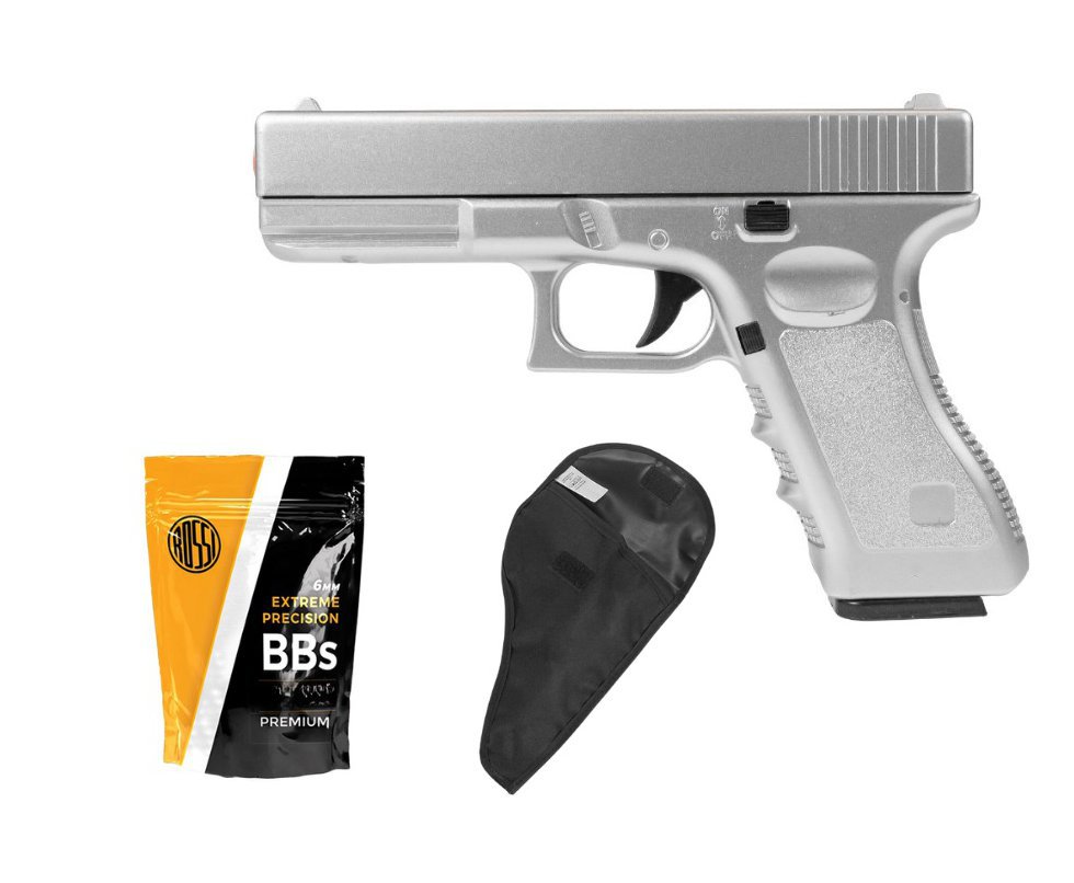 Pistola de Airsoft VG GK-V20 Silver Metal Mola 6mm + Coldre / Capa + BBS