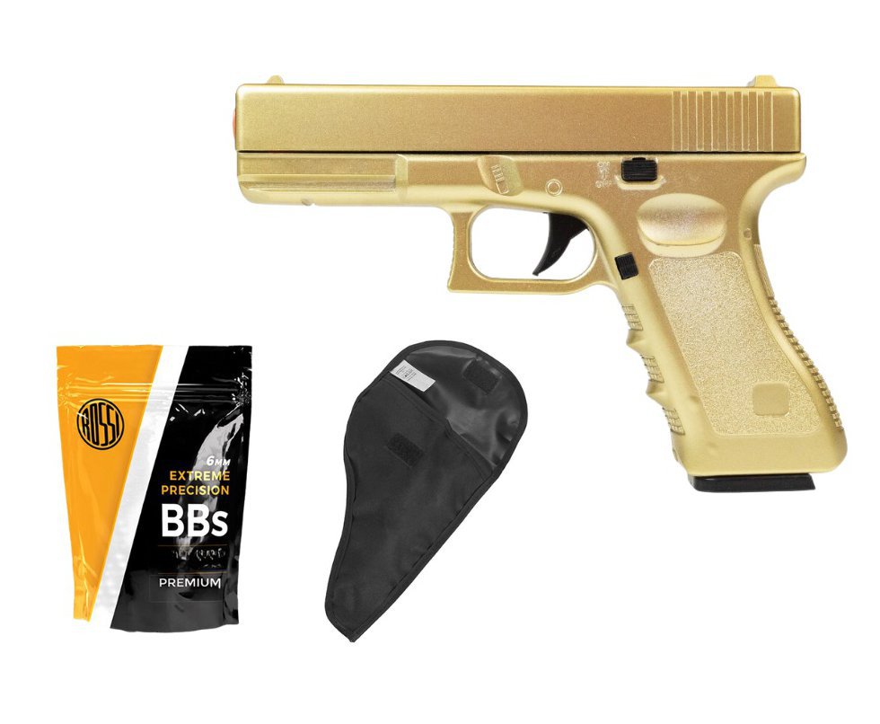 Pistola de Airsoft VG G19 GK-V20 Gold Metal Mola 6mm + 1.000 bbs + Coldre / Capa
