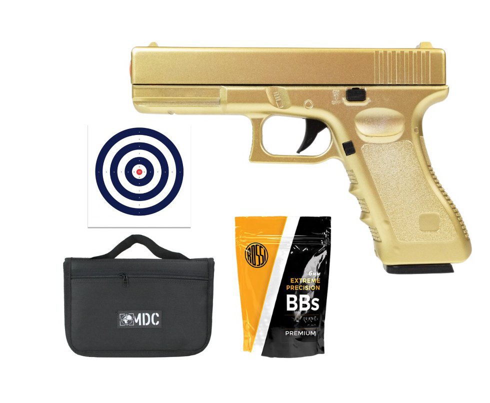 Pistola de Airsoft VG G19 GK-V20 Gold Metal Mola 6mm + 1.000 bbs + Capa + Alvos