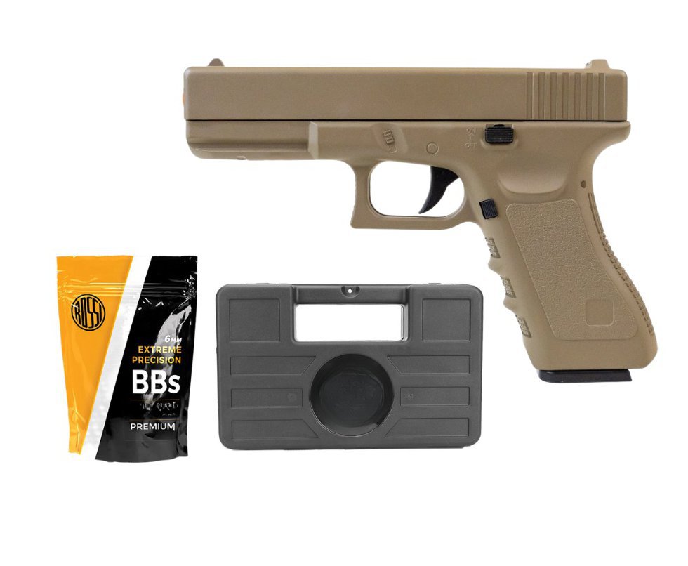 Pistola de Airsoft G19 VG GK-V20 Tan Metal Mola 6mm + 1.000 Bbs + Case
