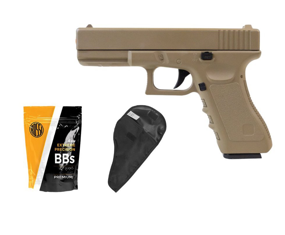 Pistola de Airsoft G19 VG GK-V20 Tan Metal Mola 6mm + 1.000 Bbs + Coldre / Capa