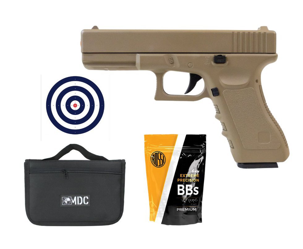 Pistola de Airsoft G19 VG GK-V20 Tan Metal Mola 6mm + 1.000 Bbs + Capa + Alvos