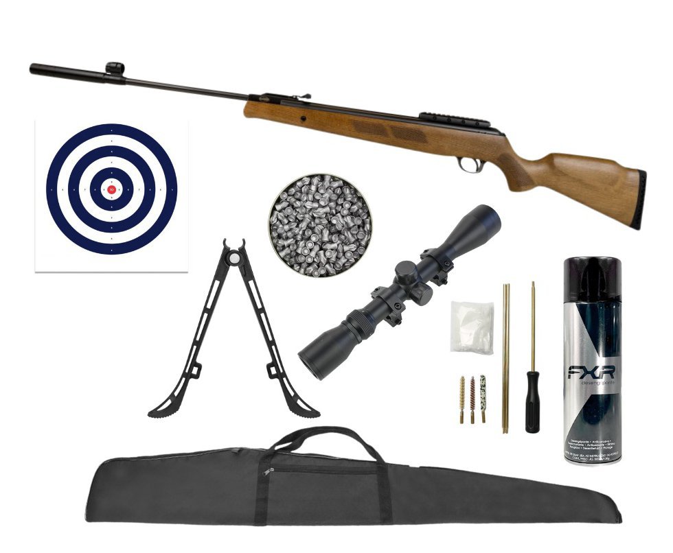 Carabina de Pressão Black Bear 6.35mm Gás Ram 100kg - Rossi + Bipé + Capa + Alvos + Chumbo + Luneta 4x32 + Desengripante / Anticorrosivo + Kit Limpeza