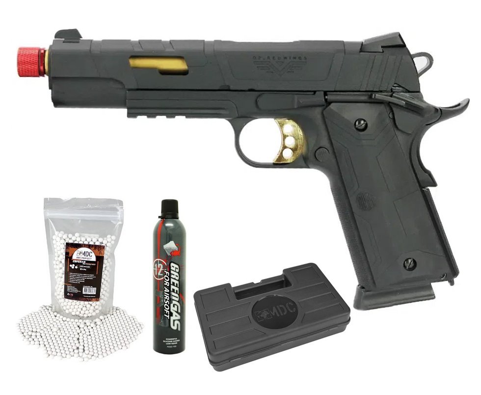 Pistola Airsoft Redwings 1911 Rossi Gold Green Gas Blowback 6mm + GBB + BBS + Case
