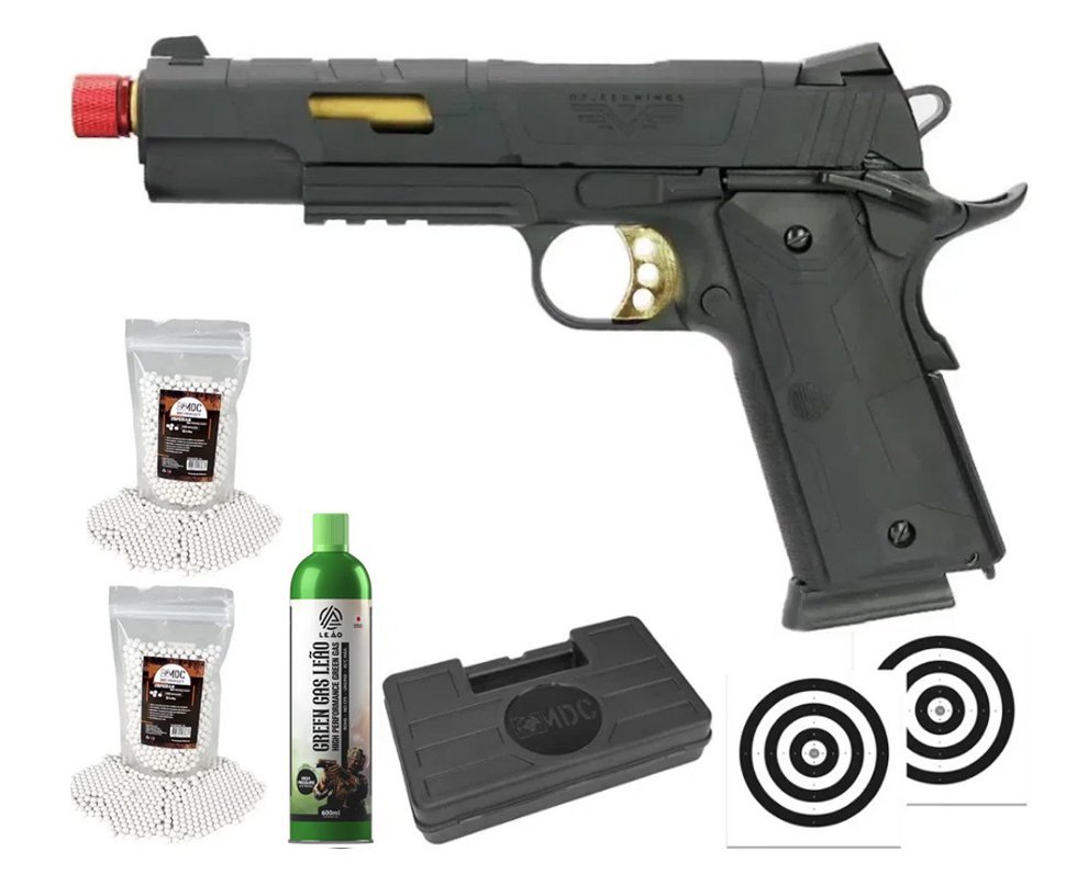 Pistola Airsoft Redwings 1911 Rossi Gold Green Gas Blowback 6mm + GBB + 2000 BBS + Case + Alvos
