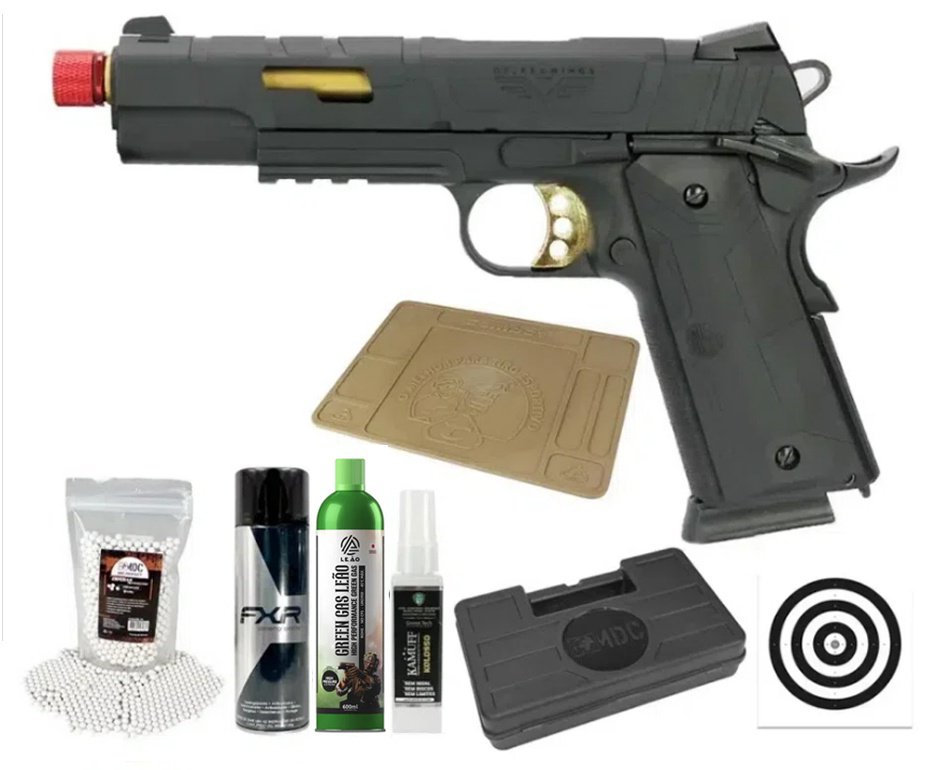 Pistola Airsoft Redwings 1911 Rossi Gold Green Gas Blowback 6mm + GBB + BBS + Case + Alvos + Kamuff + Desengripante / Anticorrosivo + Tapete Para Manutenção