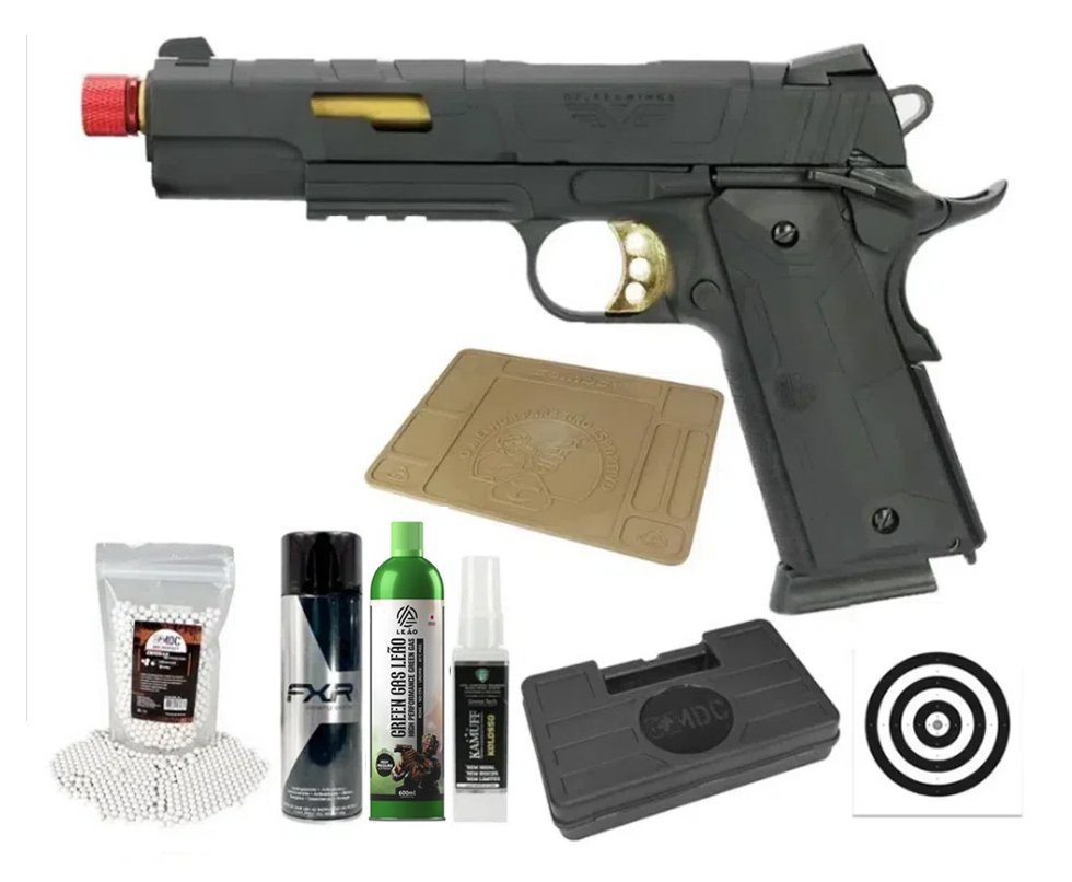 Pistola Airsoft Redwings 1911 Rossi Gold Green Gas Blowback 6mm + GBB + BBS + Case + Alvos + Kamuff + Desengripante / Anticorrosivo + Tapete Para Manutenção