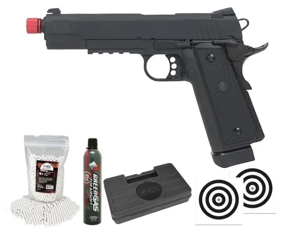 Pistola Airsoft Gás GBB 1911 Hi-Capa Black OPS Full Metal 6mm + BBS + GBB + Case