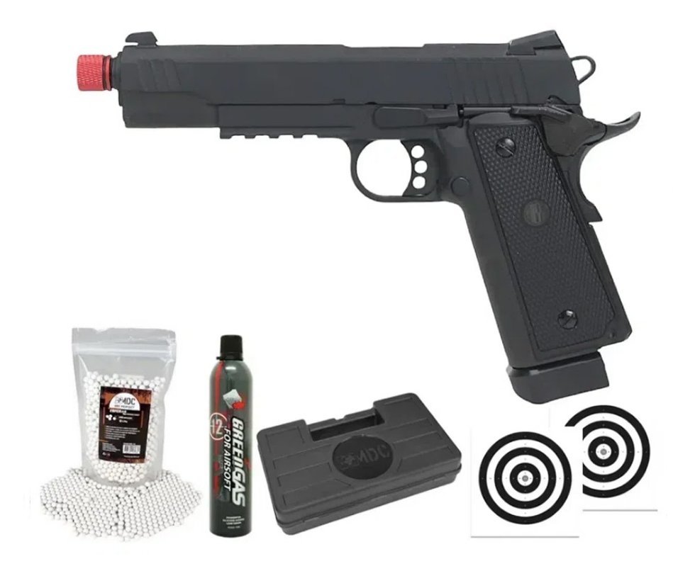 Pistola Airsoft Gás GBB 1911 Hi-Capa Black OPS Full Metal 6mm + BBS + GBB + Case