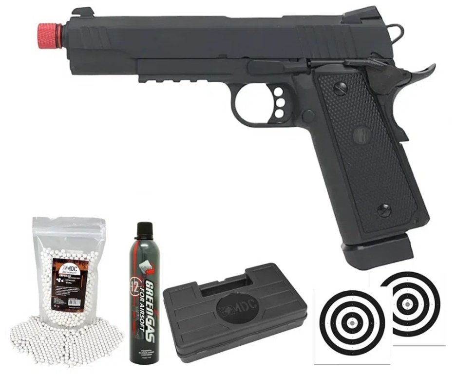Pistola Airsoft Gás GBB 1911 Hi-Capa Black OPS Full Metal 6mm + BBS + GBB + Case + Alvos