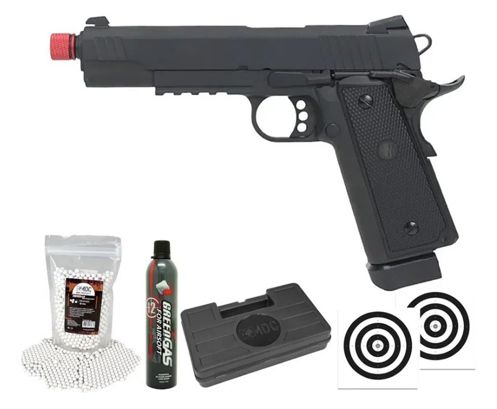 Pistola Airsoft Gás GBB 1911 Hi-Capa Black OPS Full Metal 6mm + BBS + GBB + Case + Alvos