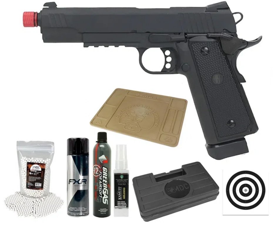 Pistola Airsoft Gás GBB 1911 Hi-Capa Black OPS Full Metal 6mm + BBS + GBB + Case + Alvos + Kamuff + Desengripante / Anticorrosivo + Tapete Para Manutenção