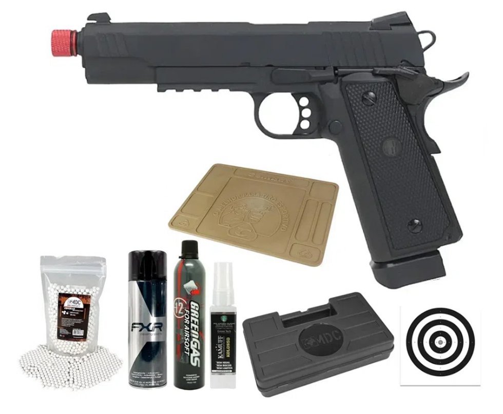 Pistola Airsoft Gás GBB 1911 Hi-Capa Black OPS Full Metal 6mm + BBS + GBB + Case + Alvos + Kamuff + Desengripante / Anticorrosivo + Tapete Para Manutenção