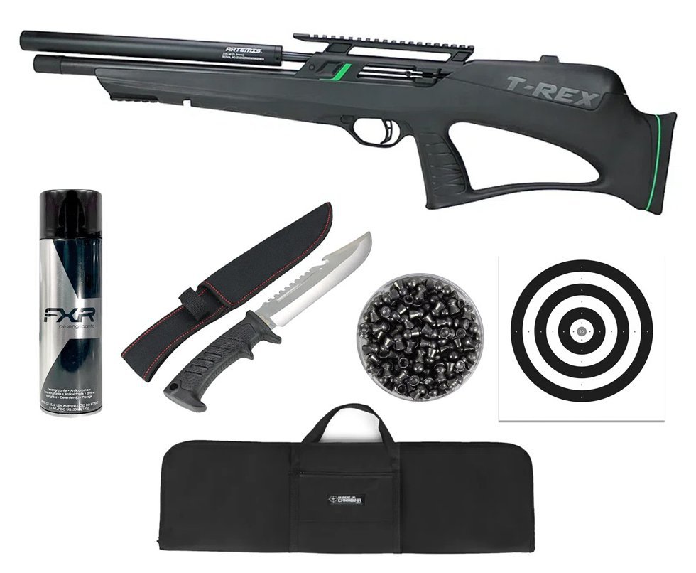 Carabina de Pressão PCP Artemis T-REX Bullpup 5,5 + Capa + Desengripante / Anticorrosivo + Chumbo + Faca + Alvos