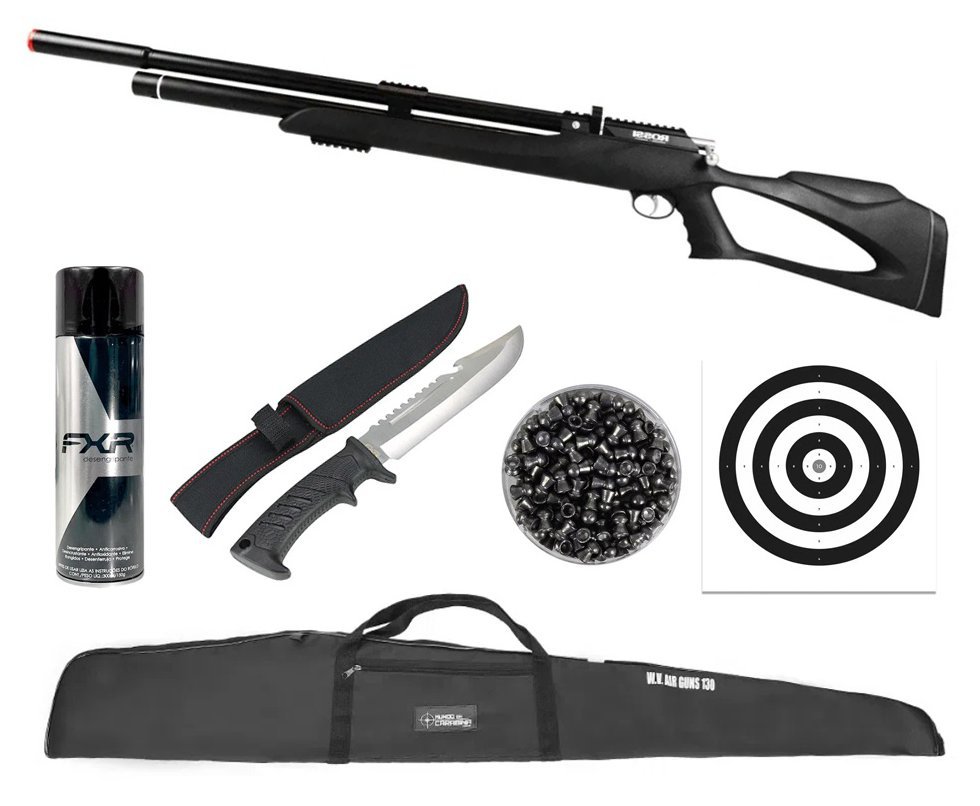 Carabina Pressão PCP Kodiak Black 6.35 .25 Big Bore - Rossi + Capa + Desengripante / Anticorrosivo + Chumbo + Faca + Alvos