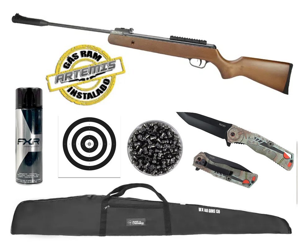 Carabina De Pressão Black Hawk Wood Edition Gas Ram 70kg 4.5 + Canivete Rocky + Capa + Chumbo + Desengripante / Anticorrosivo + Alvos