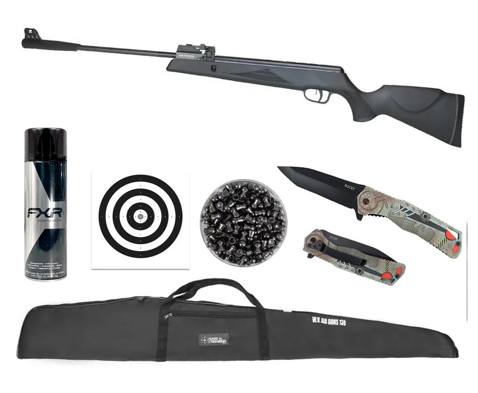 Carabina de Pressão Black Hawk MAG GR1000X 12 Tiros 5.5 + Canivete Rocky + Capa + Chumbo + Desengripante / Anticorrosivo + Alvos