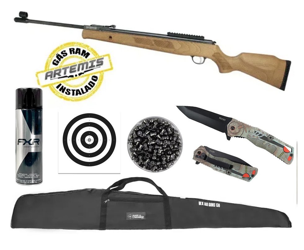 Carabina de Pressão Falcon GR1600W Nitro 6mm GR 90kg Artemis FXR + Canivete Rocky + Capa + Chumbo + Desengripante / Anticorrosivo + Alvos