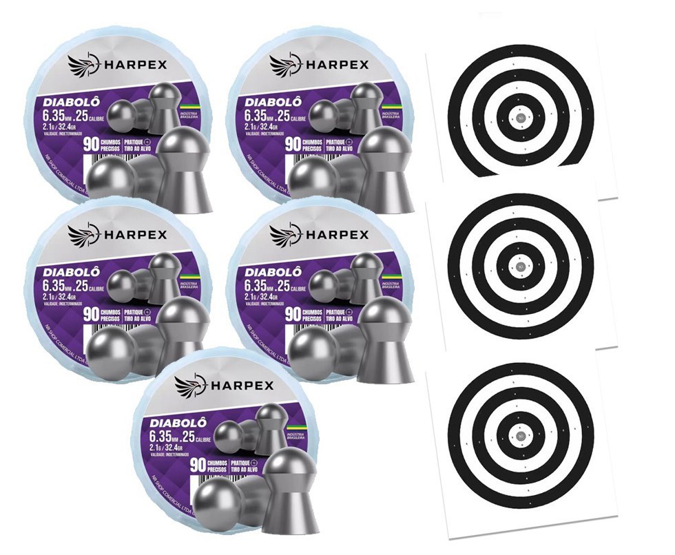 Kit 05 Cx Chumbinho Diabolo 6.35mm precisão e alto poder parada - Harpex + Alvos