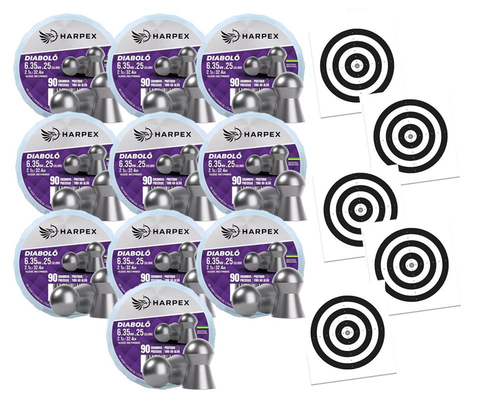 Kit 10 Cx Chumbinho Diabolo 6.35mm precisão e alto poder parada - Harpex + Alvos