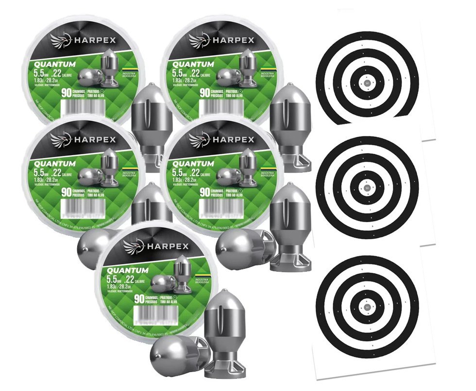 Kit 05 Cx Chumbinho Quantum 5.5 impacto, penetração e estabilidade - Harpex + Alvos