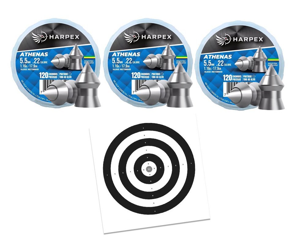 Kit 03 Cx Chumbinho Athenas 5.5mm precisão e alto poder de perfuração - Harpex + Alvos