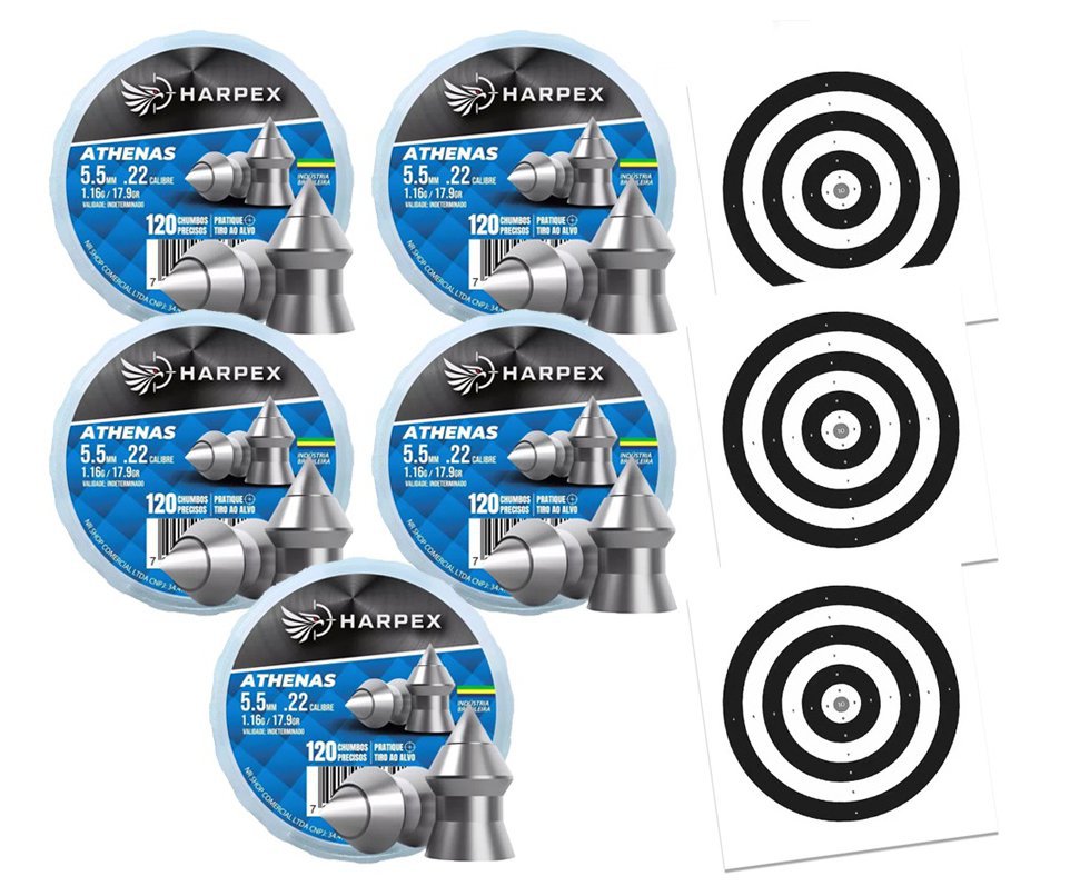 Kit 05 Cx Chumbinho Athenas 5.5mm precisão e alto poder de perfuração - Harpex + Alvos