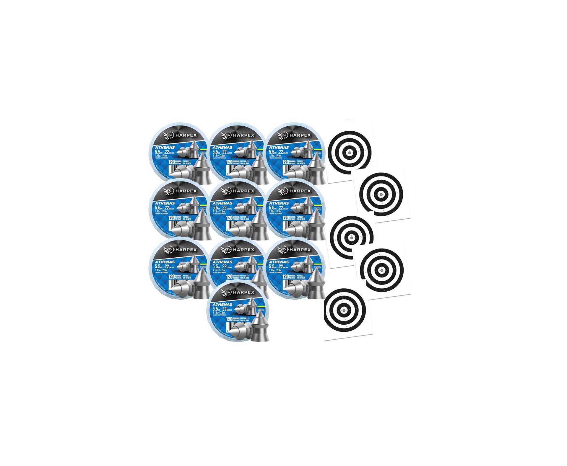 Kit 10 Cx Chumbinho Athenas 5.5mm precisão e alto poder de perfuração - Harpex + Alvos