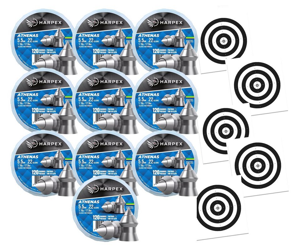 Kit 10 Cx Chumbinho Athenas 5.5mm precisão e alto poder de perfuração - Harpex + Alvos