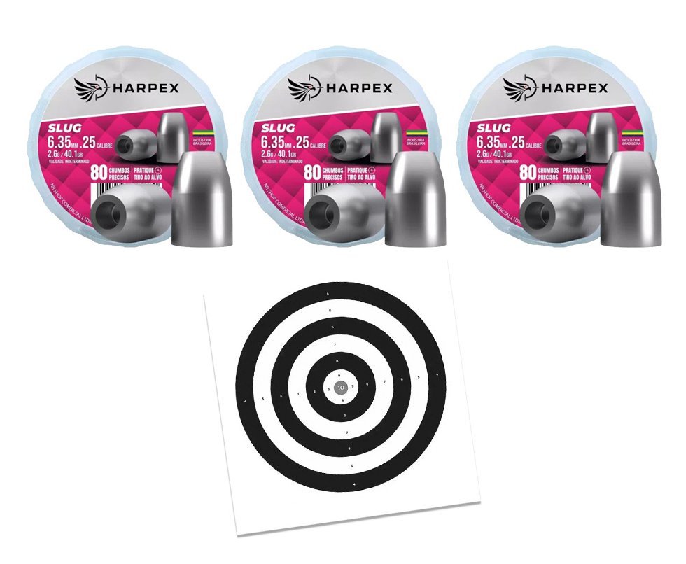 Kit 03 Cx Chumbinho Slug Hollow Point 6.35mm expansão e alto poder de parada Harpex  + Alvos