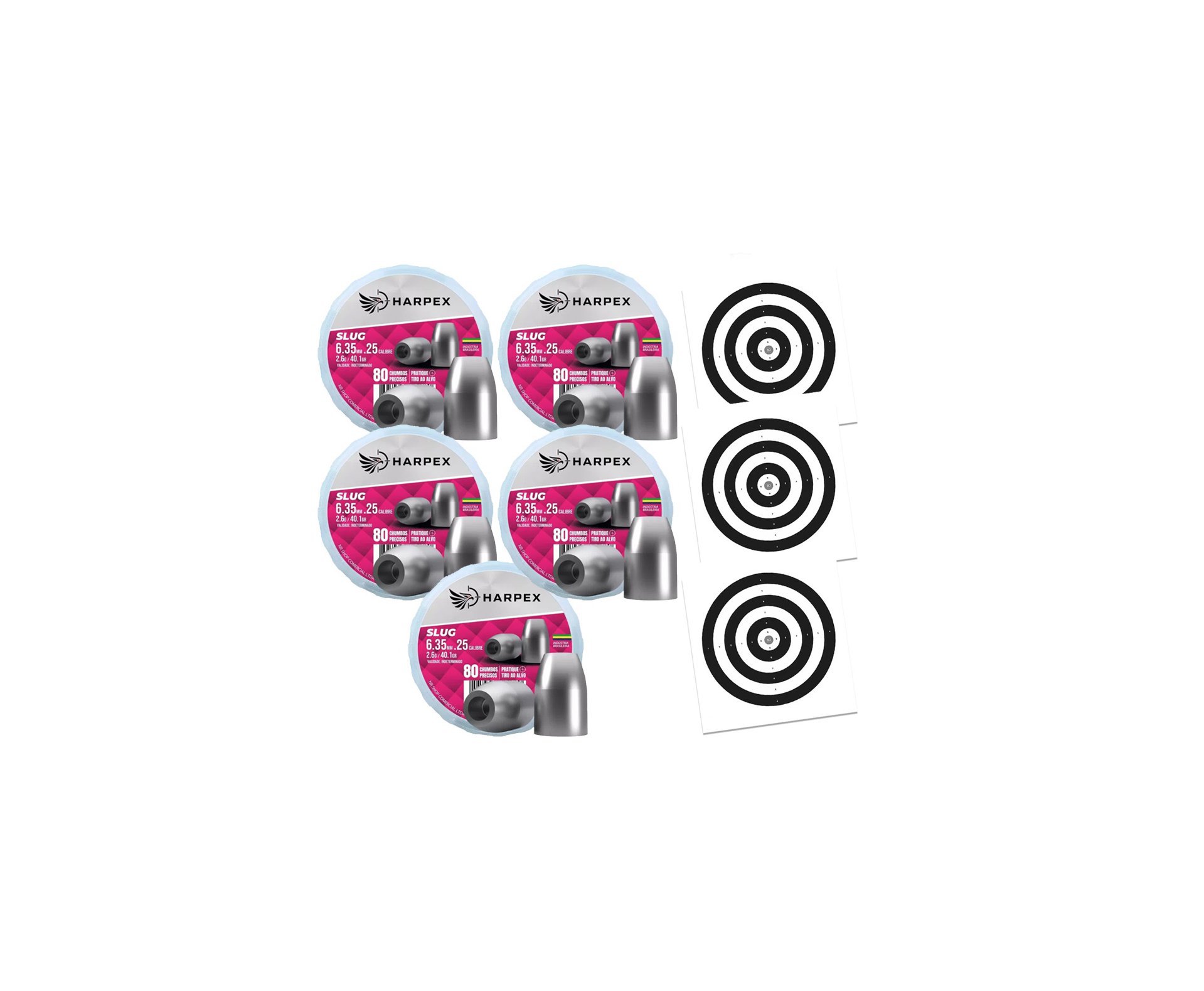 Kit 05 Cx Chumbinho Slug Hollow Point 6.35mm expansão e alto poder de parada Harpex  + Alvos