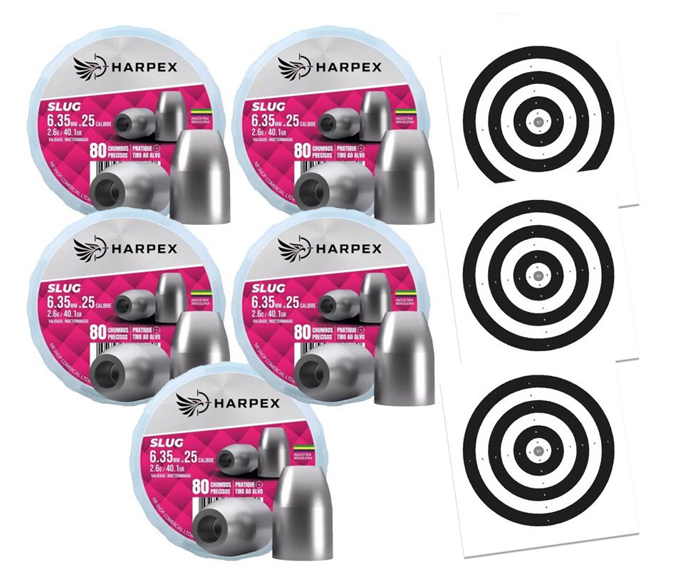 Kit 05 Cx Chumbinho Slug Hollow Point 6.35mm expansão e alto poder de parada Harpex  + Alvos