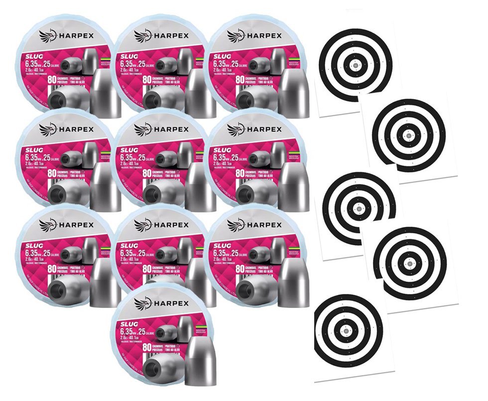 Kit 10 Cx Chumbinho Slug Hollow Point 6.35mm expansão e alto poder de parada Harpex  + Alvos