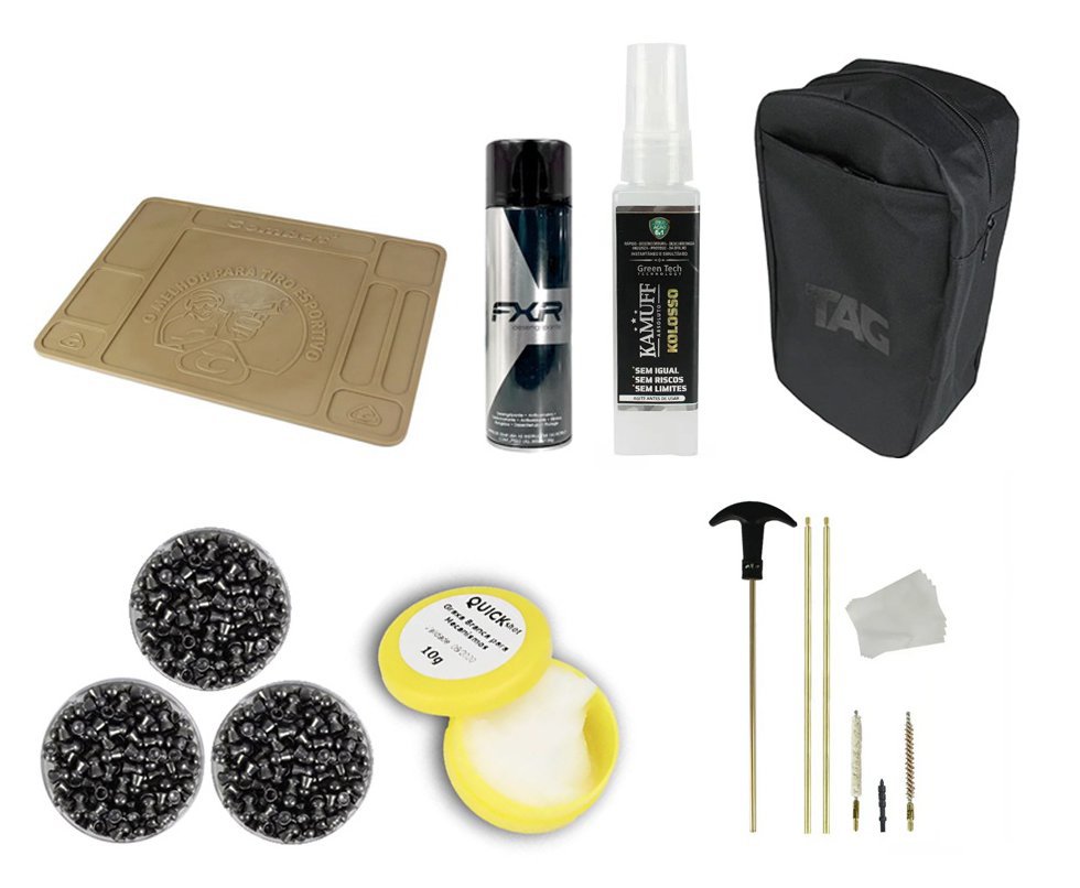 Bolsa para Transporte e Armazenagem TAG Cary Preto + Chumbos 6,35 + Kit limpeza + Desengripante / Anticorrosivo + Kamuff + Tapeta de Manutenção + Graxa de Silicone