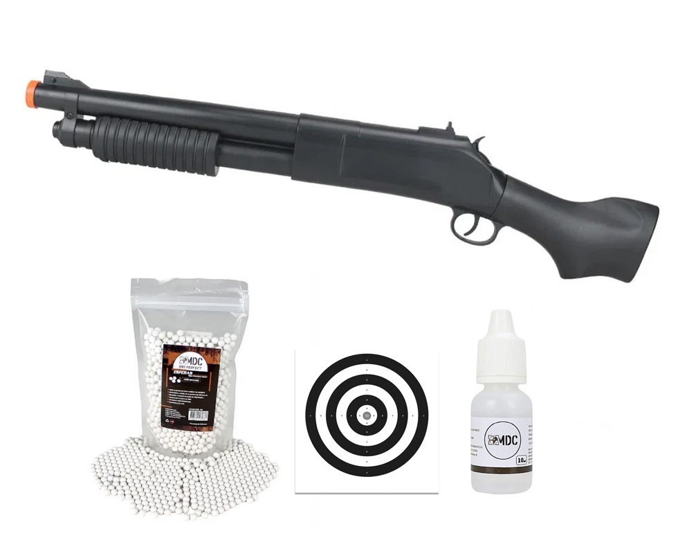 Shotgun / Escopeta De Airsoft Rossi VG Pump Short Mola 6mm + BBs + Óleo + Alvos