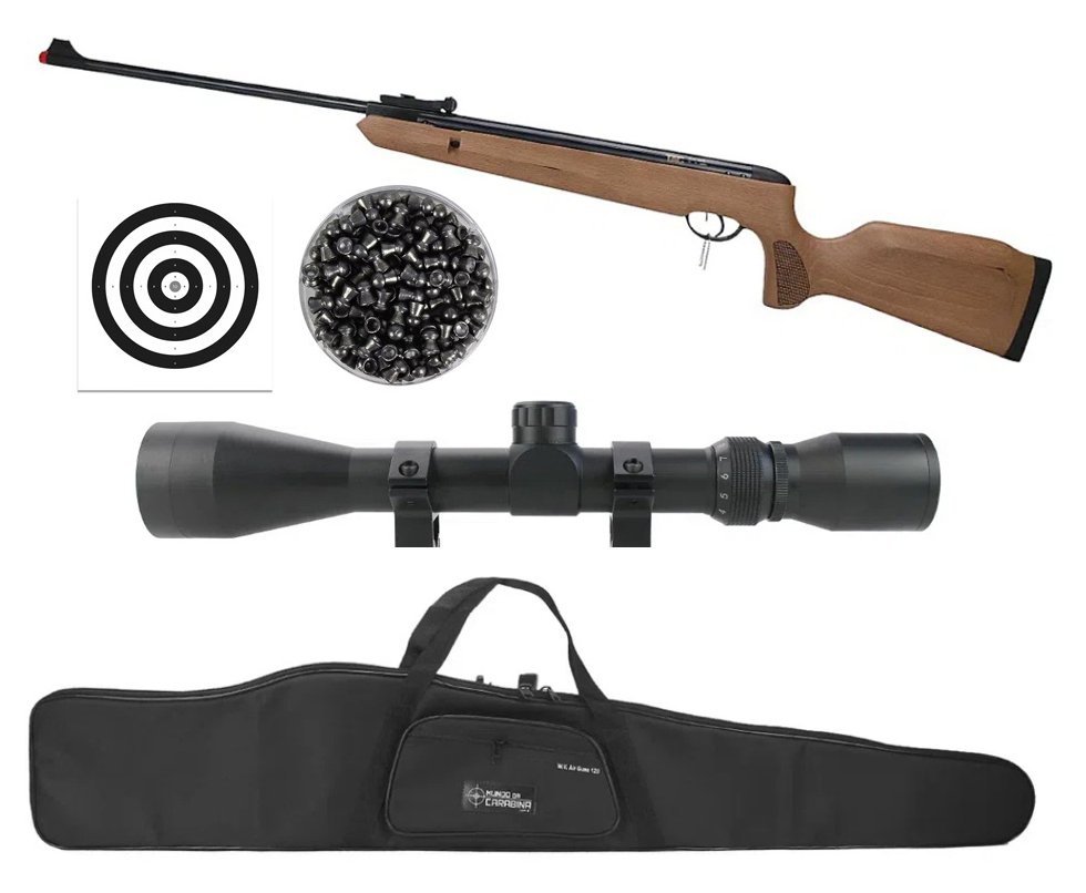 Carabina de Pressão Naja Wood Madeira Nitro Gás Ram 5,5mm - TAG + Luneta 4x32 + Capa + Chumbos + Alvos